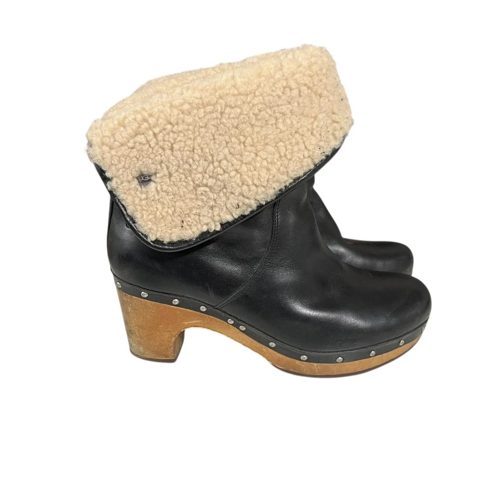 UGG Lynnea 1958 Shearling Clog Boots –‎ Black Leather Wood Heel Size 7